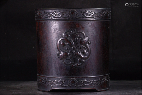 A HARDWOOD CARVED DRAGON PHOENIX BRUSH POT