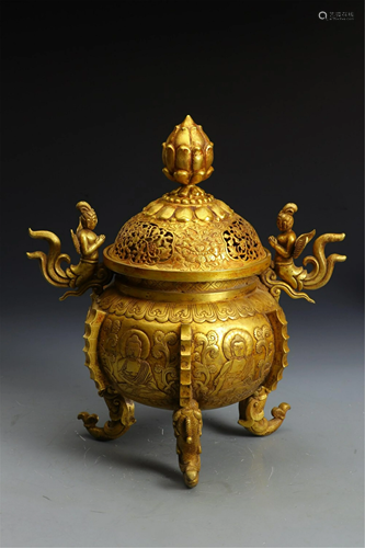 AN GILT BRONZE INCENSE BURNER INCISED WITH BUDDHAS