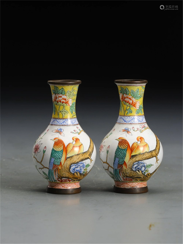 PAIR OF PAINTED ENAMEL FLOWER-AND-BIRD BRONZE VASES