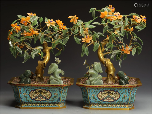 PAIR OF CLOISONNE AND HARD-STONES FLORAL BONSAI