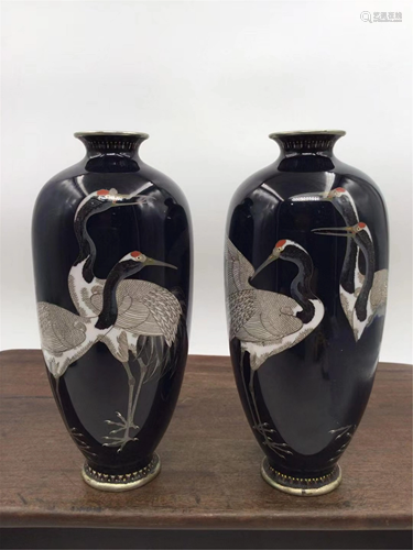 PAIR OF JAPANESE CLOISONNE CRANE VASES