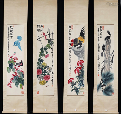 FOUR CHINESE SCROLL PAINTINGS OF FLOWERS AND ANIM…