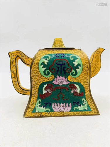 A YELLOW GROUND CLOISONNE BELL SHAPED TEA POT