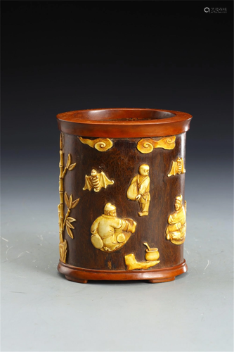 A FIGURES STORY INLAID HARDWOOD BRUSH POT