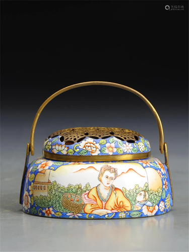 A PAINTED ENAMEL FIGURAL BRONZE HAND WARMER