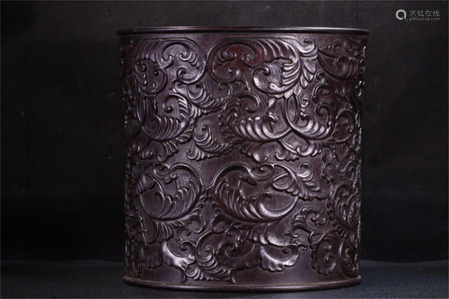 A CARVED HARDWOOD BRUSH POT