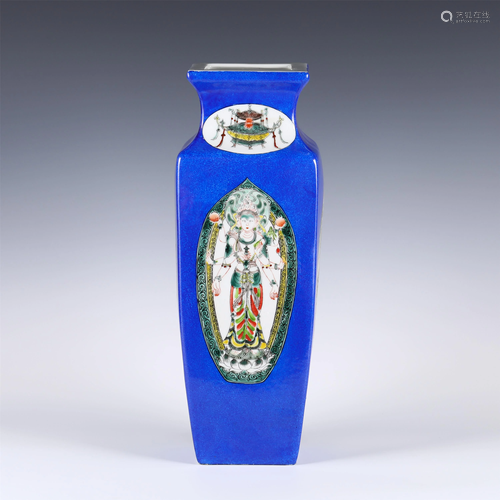 A CHINESE BLUE GLAZE WU-CAI GUANYIN SQUARE VASE