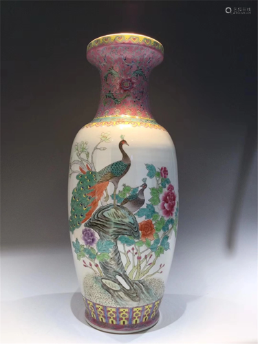 A FAMILLE ROSE FLOWER-AND-BIRD VASE