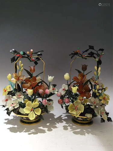 PAIR OF HARD-STONES FLOWERS BONSAI IN CLOISONNE B…