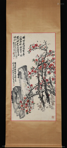 A CHINESE SCROLL PAINTING OF RED PLUM BLOSSOMS