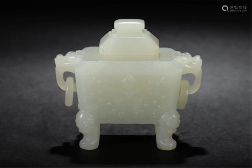 A WHITE JADE CARVED BEAST-FACE FOUR-FOOTED CENSER