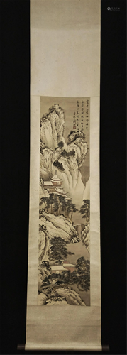 A CHINESE SCROLL PAINTING OF LANDSCAPE AND FIGURES