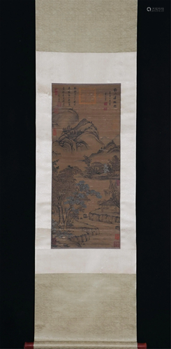 A CHINESE SCROLL PAINTING OF LANDSCAPE AND FIGURES