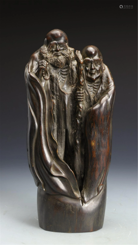 A HARD-WOOD CARVED STATUETTE OF TWO ARHATS