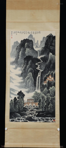 A CHINESE SCROLL PAINTING OF LANDSCAPE AND FIGURES