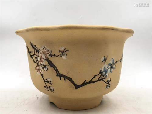 A CARVED YIXING CLAY PLUM BLOSSOMS FLOWER POT