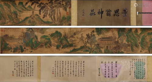 A CHINESE SCROLL PAINTING OF LANDSCAPE AND FIGURES