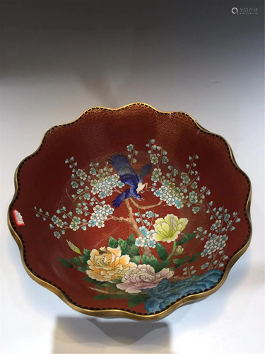 A RED GROUND CLOISONNE FLOWER-AND-BIRD BOWL