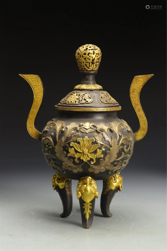 A GILDING SILVERING AND BRONZE FLORAL TRIPOD CENSER