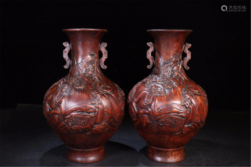 PAIR OF CHENXIANG WOOD CARVED FIGURES STORY VASES