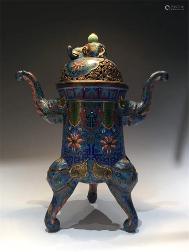 A CLOISONNE TRIPOD CENSER WITH ELEPHANT HANDLES