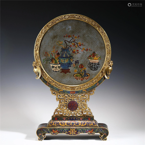 A CHINESE CLOISONNE ENAMEL TABLE SCREEN