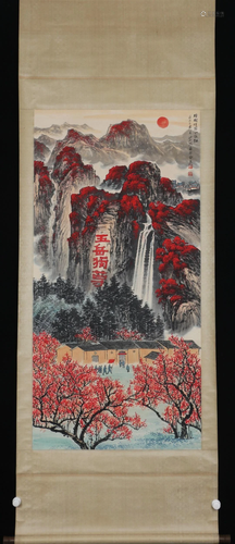 A CHINESE SCROLL PAINTING OF LANDSCAPE AND FIGURES