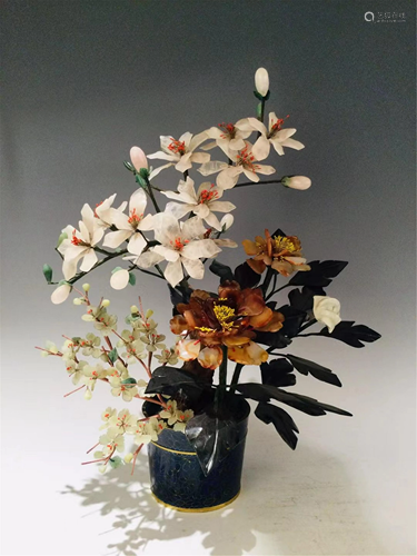 A COLOURFUL HARD-STONES AND CLOISONNE FLORAL BONSAI