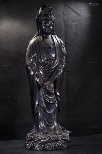 A HARDWOOD CARVED STANDING AVALOKITESVARA