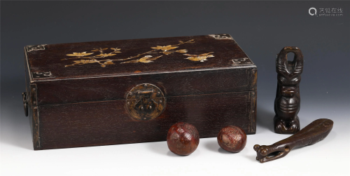 A GROUP OF SOAPSTONE DECORATIONS WITH STORAGE BOX
