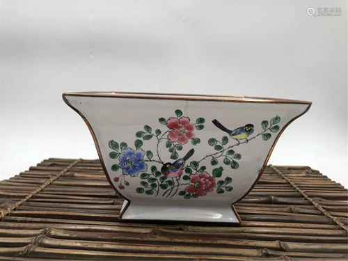 A WHITE GROUND PAINTED ENAMEL SQUARE FLOWER POT