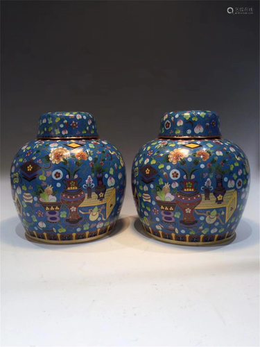 PAIR OF BLUE GROUND CLOISONNE TEA-LEAF CANS AND C…