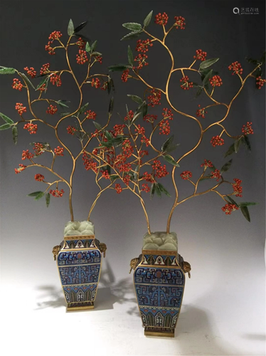 PAIR OF RED AGATE, JADE AND CLOISONNE FLORAL BONSAI