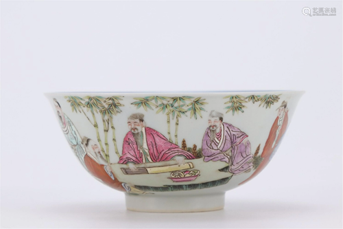 A BLUE AND WHITE FAMILLE ROSE FIGURES STORY BOWL