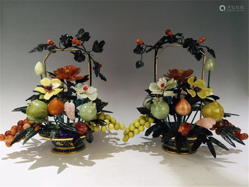 PAIR OF HARD-STONES FLOWERS BONSAI IN CLOISONNE B…