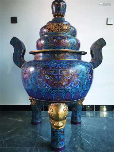 A CLOISONNE ENAMEL TAOTIE INCENSE BURNER