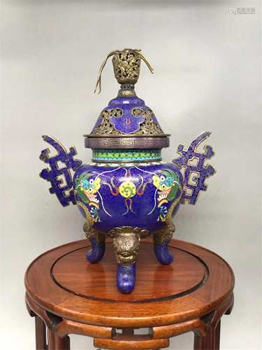 A BLUE GROUND CLOISONNE DRAGON TRIPOD CENSER