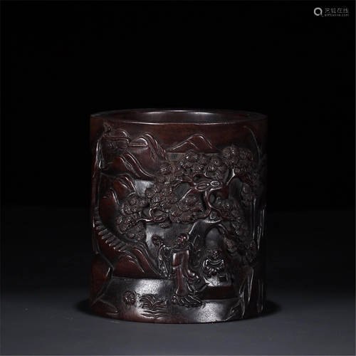 A HARDWOOD CARVED FIGURES STORY BRUSH POT