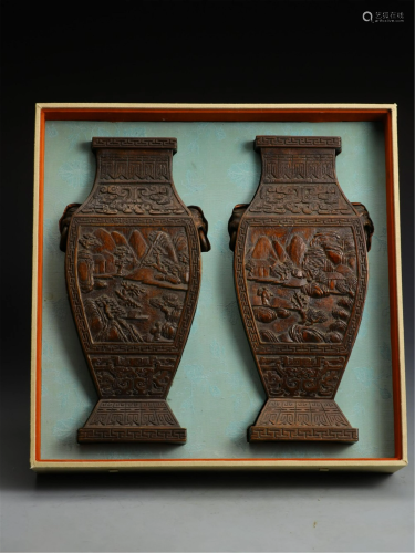 PAIR OF CARVED CHENXIANG WOOD SQUARE VASES