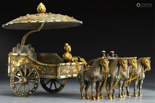 A COPPER ALLOY GILDING HORSE CART