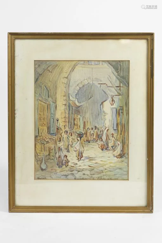 FRAMED WATERCOLOR PAINTING OF JERUSALEM STREET