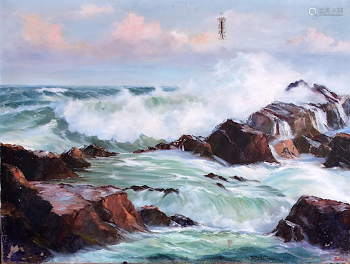 OIL ON CANVAS PAINTING OF SEASHORE