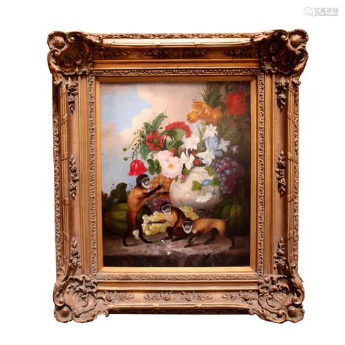 GILT FRAMED PAINTING OF CHEEKY GIBBONS & FLOWERS