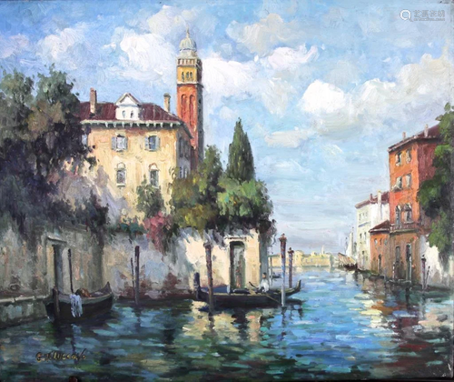 OIL PAINTING ON CANVAS OF RIVERSIDE SCENE