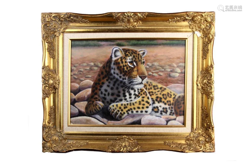 GILT FRAMED OIL ON CANVAS PAINTING OF A LEOPARD