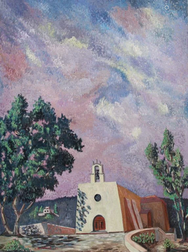 OIL ON CANVAS PAINTING OF A CHURCH