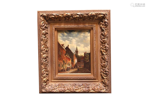 FRAMED OIL ON CANVAS PRINT OF A SMALL TOWN