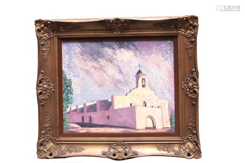 FRAMED OIL ON CANVAS PAINTING OF A CHURCH