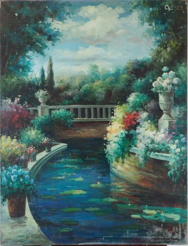 OIL ON CANVAS OF A GARDEN VIEW