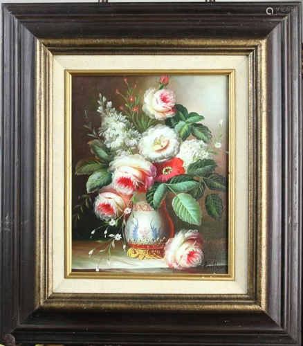 FRAMED OIL ON CANVAS PAINTING OF FLOWERS